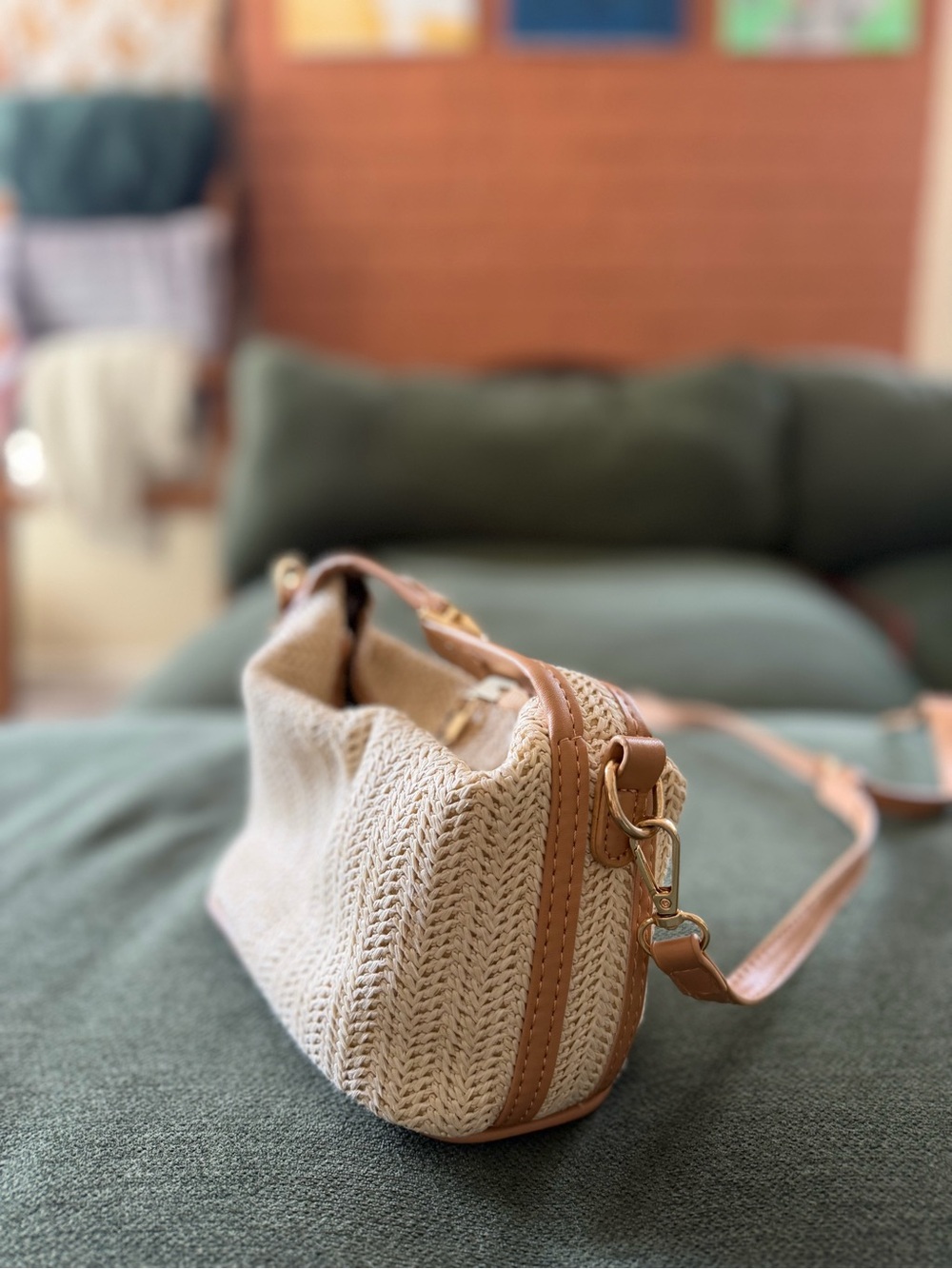 Woven Straw Crossbody Bag with Tan Trim - Picture 2 of 4